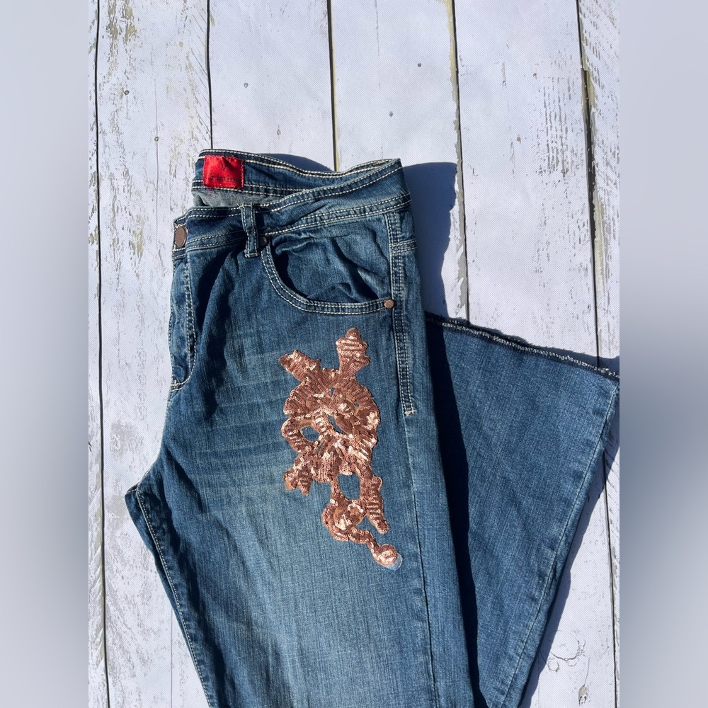 V Christina sequin Embellished Blue Flare Jeans size 15 - Picture 7 of 12